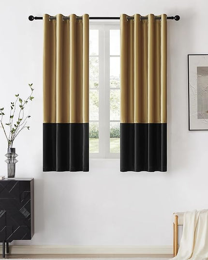 BULBUL Color Block Window Curtains Panels 63 inches Long Gold Black Velvet Farmhouse Drapes for Bedroom Living Room Darkening Treatment with Grommet Set of 2