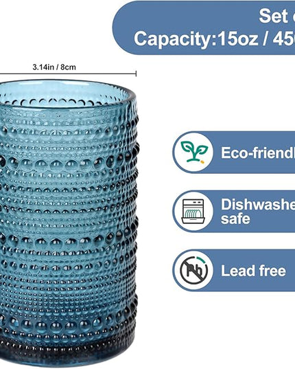 Vintage Glassware Drinking Glasses Set of 6,15 oz Hobnail Glass Cups,Embossed Blue Water Tumbler,for Beer,Cocktail,Whiskey,Juice and Various Mixed Drinks- 1 Cleaning Brush