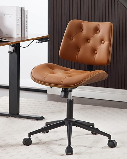 Armless Home Office Chair with Wheels, PU Leather Adjustable Height Computer Desk Chair, 360 Swivel Small No Arms Chair, Modern Button Walnut Style for Office, Reading Meeting Room(Brown)