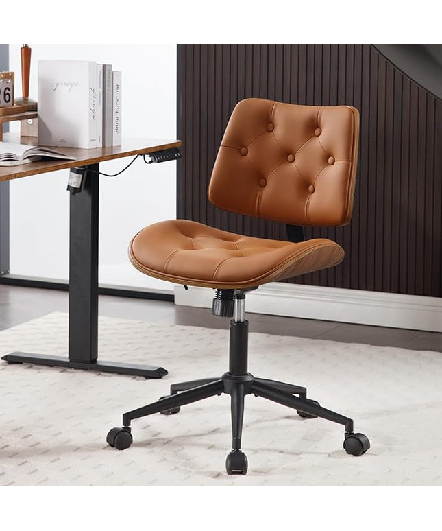 Armless Home Office Chair with Wheels, PU Leather Adjustable Height Computer Desk Chair, 360 Swivel Small No Arms Chair, Modern Button Walnut Style for Office, Reading Meeting Room(Brown)