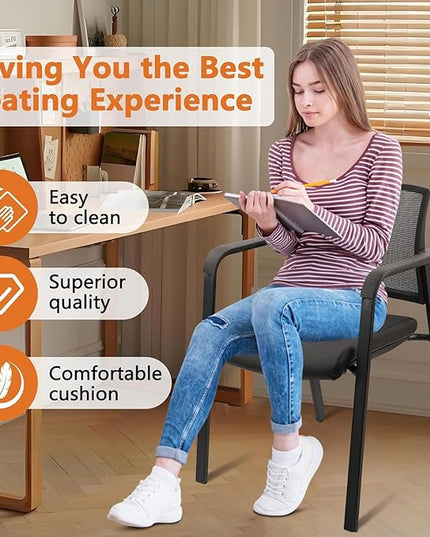 CLATINA Stackable Office Chair, Mesh Back Guest Chairs with Comfortable Leather Seat Arms Stacking Ergonomic Desk Chair No Wheels for Conference Waiting Reception School Stationary, Black, Set of 8