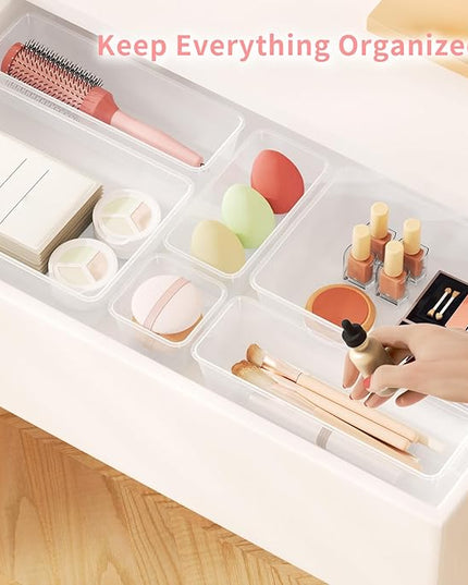 15 PCS Clear Plastic Drawer Organizer Set, 4 Sizes Versatile Bathroom Drawer Organization and Storage Trays, Non-Slip Desk Vanity Storage Bins for Makeup Jewelry Kitchen Utensil Gadget Office