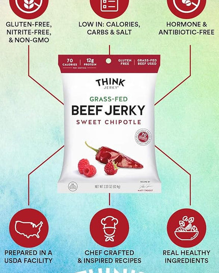 Think Jerky Sweet Chipotle Beef Jerky, Grass-Fed High Protein Beef Jerky, Gluten Free, No Antibiotics or Nitrates, Healthy Chef Crafted Recipe, Low Calorie and Low Fat - 2.2 oz Bags, 8 Pack