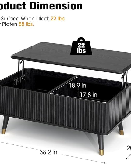 Lift Top Coffee Table with Storage, Modern Coffee Table with Solid Wood Legs, 38" Minimalist Fluted Center Table for Living Room, Home Office, Black