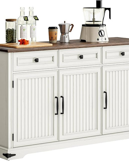 IRONCK Fluted Buffet Sideboard Cabinet with 3 Drawers, 52.9" Farmhouse Large Buffet Table with 3 Doors, Coffee Bar with Adjustable Shelf, Modern Storage Cabinet for Kitchen, Living, Dining Room, White