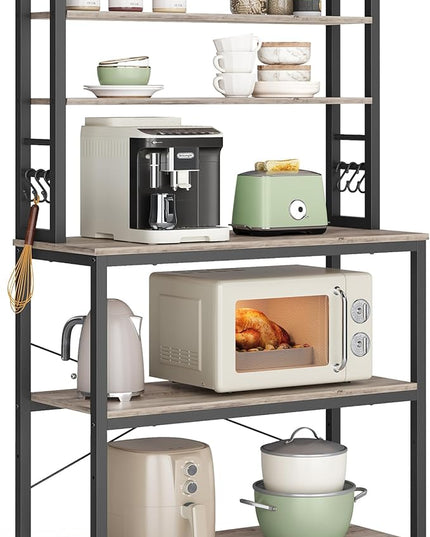 VASAGLE Coffee Bar, 31.5 Inches Baker's Rack for Kitchen with Storage, 6-Tier Kitchen Shelves with 6 Hooks, Microwave Stand, Industrial, Heather Greige and Ink Black UKKS019B02