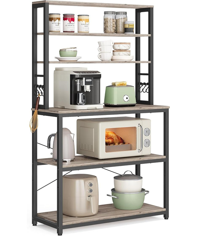 VASAGLE Coffee Bar, 31.5 Inches Baker's Rack for Kitchen with Storage, 6-Tier Kitchen Shelves with 6 Hooks, Microwave Stand, Industrial, Heather Greige and Ink Black UKKS019B02