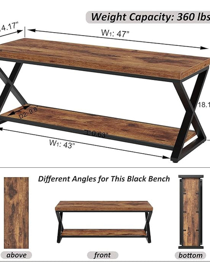 IBF Farmhouse Wood Bench, Industrial Storage Entryway Indoor Bench for Bedroom Hallway Living Room, Rustic Wooden Metal Shoe Rack Accent Foyer Bench Seat for Entrance Sitting, Rustic Brown, 47 in Long