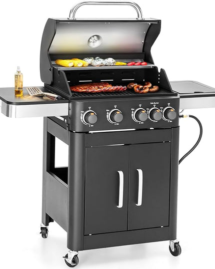 Sophia & William 4-Burner Gas BBQ Grill with Side Burner & Porcelain-Enameled Cast Iron Grates, Outdoor Cooking Propane Grills Cabinet Style Garden Barbecue Grill, 46,700BTU, Black