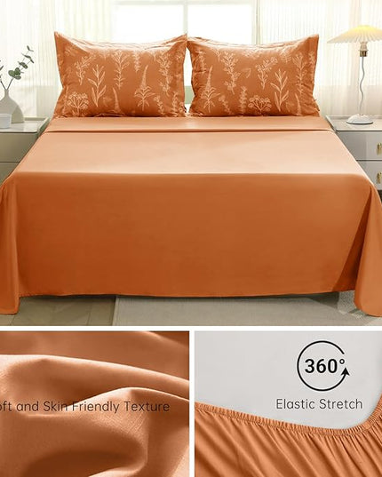 MUXHOMO Burnt Orange Bed in a Bag Queen 7 Pieces, Queen Comforter Set Reversible Botanical Flowers Design, Ultra Soft & Breathable Bedding Sets with Comforter, Sheets, Pillowcases & Shams