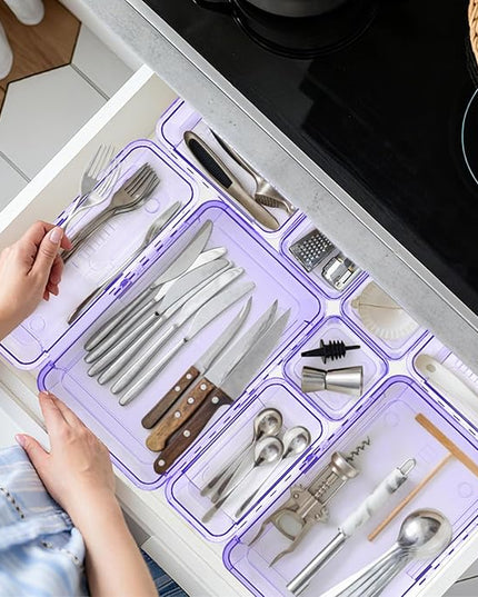 14 Pcs Adjustable Clear Drawer Organizer, Extendable Vanity Storage Bins, Desk Drawer Organizer Set for Makeup, Cosmetics, Bedroom, and Gadgets, Purple