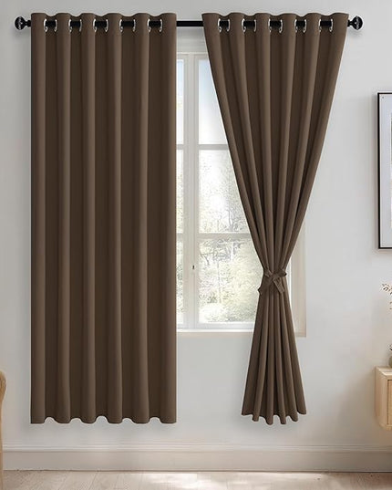 JIUZHEN Brown Blackout Curtains with Tiebacks - Thermal Insulated, Light Blocking and Noise Reducing Grommet Curtains for Bedroom and Living Room, Set of 2 Window Curtain Panels, 70 x 72 Inch Length