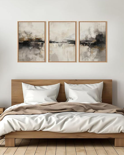 HOURIA Large Abstract Neutral Beige & Black Framed Canvas Wall Art Set,Modern Minimalist Brown Wall Decor,Textured Gray Tan Illustrations Artwork for Living Room, Bedroom, Farmhouse- 24"x36"x3