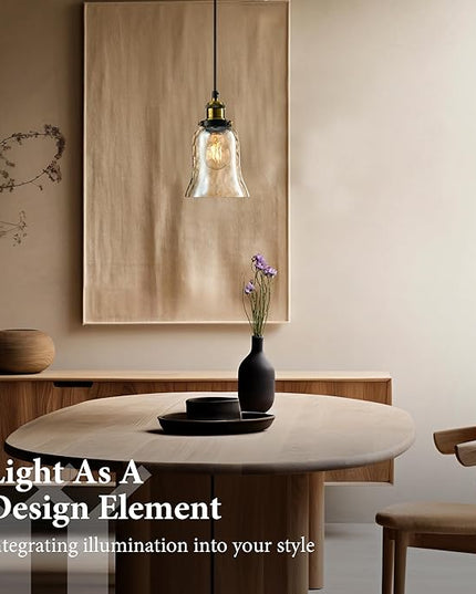 Modern Glass Pendant Light, 5.5"x6.3" Amber Ribbed Globe Light Fixture with Gold Cap, 15"-72" Adjustable Cord, E26 Socket for Dining or Lounge Areas – Sunrise Glow Trumpet