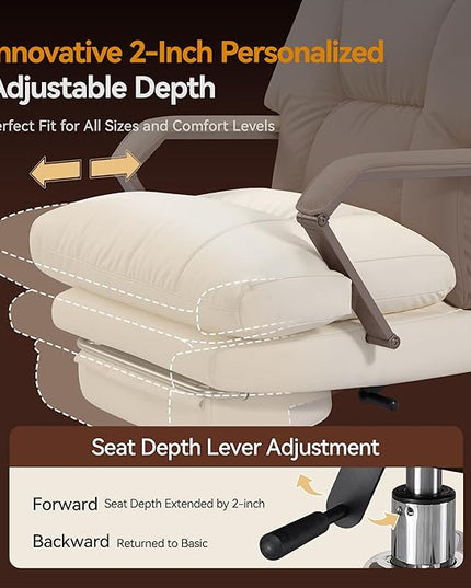 Reclining Office Chair with Footrest - 25.6" Wide Seat & Adjustable Seat Depth, Big and Tall High Back Leather Executive Home Office Desk Chair 400lbs, Cream