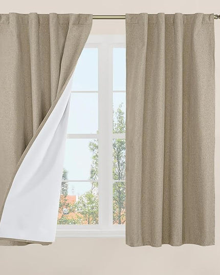 LAMIT Natural 100% Blackout Linen Curtains, 45 Inches Linen Textured Thermal Bedroom Curtains Back Tab and Rod Pocket Neutral Panels with White Liner for Farmhouse, 2 Panels, 38 x 45 Inch, Taupe