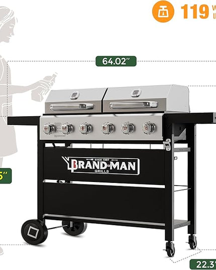 Brand-Man Griddle Grill Combo 6-Burner, 2 in 1 Versatile Propane Gas Grill and Griddle with Double Stainless Steel Lids, BBQ Combo for Outdoor Kitchen & Backyard Barbecue Cooking