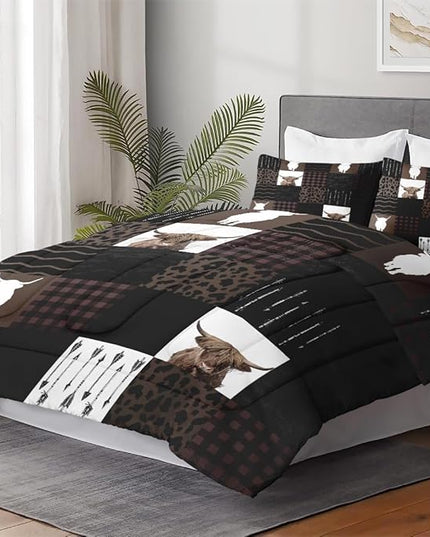 King Size Comforter Set with 2 Pillowcases, Highland Cow Animal 3 Pcs Bedding for Kids and Adults, Brown Farm Vintage Print Soft Comforter Set for Bedroom Bed Decor
