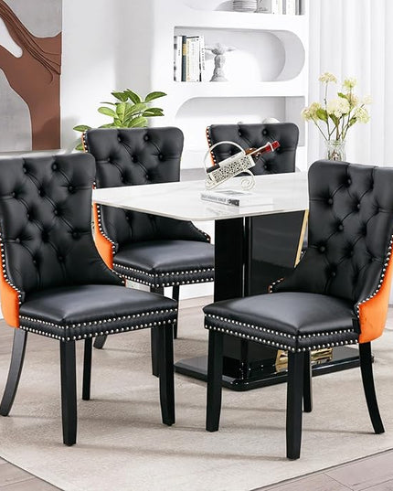 SoarFlash Leather Dining Chairs Set of 4, Tall Back Side Chair, Modern Upholstered Side Chair with Button Back Ring, Solid Wood Legs (Black&Orange)
