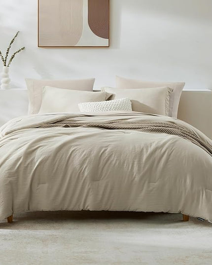 WRENSONGE Full Size Comforter Sets- 7 Pieces Soft Light Oatmeal Bed in a Bag with Fitted Sheet, Flat Sheet, 2 Pillow Shams, 2 Pillowcases, Warm Bedding Sets for All Season