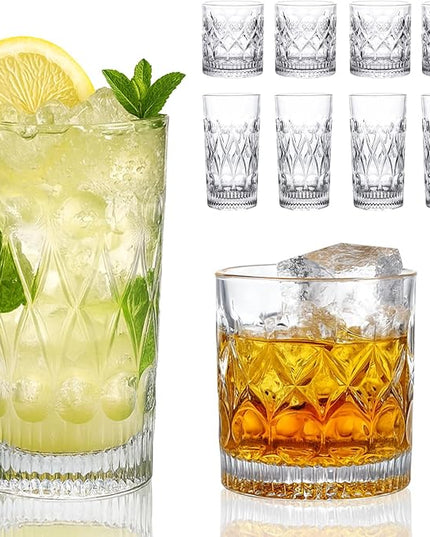 YULEER Drinking Glasses Set of 8, Glassware Drink Set, 4pcs 12oz Highballs and 4pcs 10oz Whiskey Glasses, Crystal Glass Cups Dishwasher Safe for Juice, Cocktail, Beer, and other Beverages
