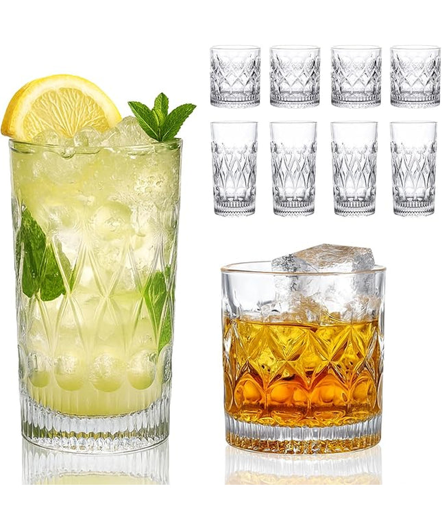 YULEER Drinking Glasses Set of 8, Glassware Drink Set, 4pcs 12oz Highballs and 4pcs 10oz Whiskey Glasses, Crystal Glass Cups Dishwasher Safe for Juice, Cocktail, Beer, and other Beverages