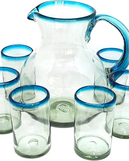 Aqua Blue Rim 120 oz Pitcher and 6 Drinking Glasses set, Recycled Glass, Lead-free, Toxin-Free (Pitcher & Glasses)