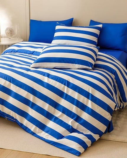 CLOTHKNOW Striped Comforter Set King 3Pcs Blue White Bedding Comforter Sets Blue White Stripes Comforter King All Season Lightweight Bed Set King