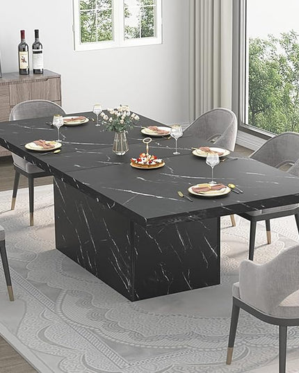 HSH 71” Black Dining Table for 6-8, Rectangle Modern Faux Marble Dinner Table, Large Dining Room Table for Kitchen Living Room, Industrial Wood Kitchen Table only with Sturdy Base, Black, 71 Inch