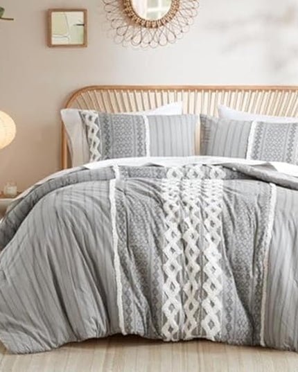 INK+IVY Comforter for King Size Bed, Chenille Tufted, Breathable Cotton Comforter Set King, All Season Modern Boho Comforter with Farmhouse Bedding Flare, 2 Matching Shams, King Gray 3 Piece