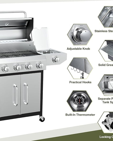 BESTFIRE 60,000 BTU 4+1 Burner Propane Gas Grill - 647 sq. inches Stainless Steel Outdoor BBQ with Porcelain-Enameled Cast Iron Grates, Side Burner & Storage Cabinet for Patio and Backyard Cooking