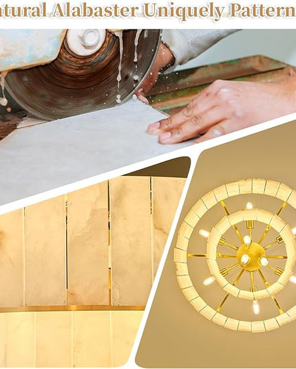 Alabaster Chandelier 2-Tier D24 Brass Round Chandeliers, Modern Dining Room Chandelier Marble Pendant Light for Living Room, Bedroom, Foyer, Kitchen, Entryway Gold(Include Bulbs)