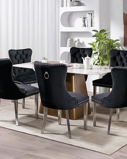SoarFlash Velvet Dining Chair Set of 4, Upholstered Tufted Dining Room Chair with Nailhead Trim, Solid Silver Plated Leg for Kitchen (Black)