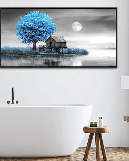 JEAWA Large Framed Canvas Wall Art - Blue Gray Picture for Living Room Home Office, Winter Landscape Canvas Paintings, Moon Pictures Wall Decor, Tree Artwork Print, 29x58 IN