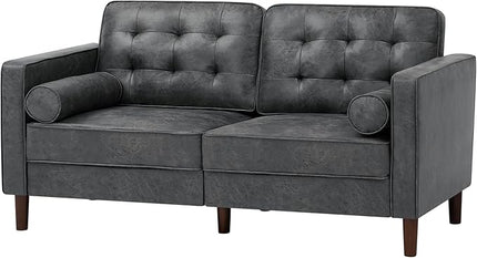 67" Suede Leather 2 Seater Sofa with Two Bolster Pillows, Tufted Sofa with Wooden Legs, Mordern Couch for Living Room, Office, Apartment, Grey