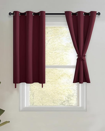 JIUZHEN Short Curtains Kitchen Half Window Blackout Curtains with Tiebacks for Baseroom Shadows, Grommet Curtains for Living Room, Set of 2 Window Curtain Panels, 42 x 30 Inch Length，Burgundy