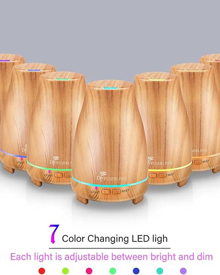 Diffuserlove Essential Oil Diffusers 200ML Diffuser Remote Control Aromatherapy Diffuser with 7 Color Lights, Auto Shut-Off for Bedroom Office Kitchen (Yellow Wood Grain)