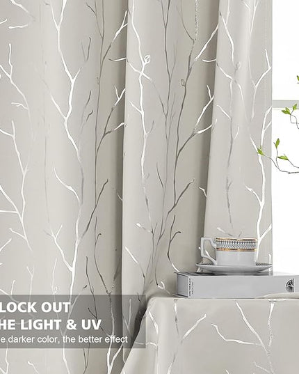 BUHUA White Black Out Curtains 72 Inch Long 2 Panels, Soundproof Curtains with Elegant Silver Tree Branches Print, Heat Blocking Curtains for Livingroom, 52W x 72L, Natural