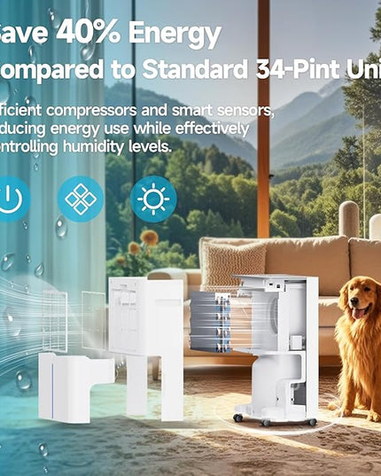 34 Pints Dehumidifiers for Home with 6.56ft Drain Hose, 2441 Sq.Ft Quite & Energy Efficient Dehumidifier for Basement Bedroom Bathroom with Auto Shut Off,2.5 L Water Tank,Smart Humidity Control