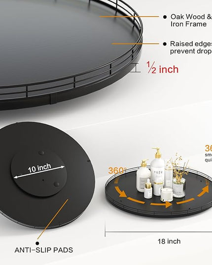 18" Oak Wooden Lazy Susan Turntable for Dining Table, Large Round Lazy Susans Organizer for Kitchen Countertop, Tabletop 360°Rotating Tray for Spice Organization and Storage Black Home Decor