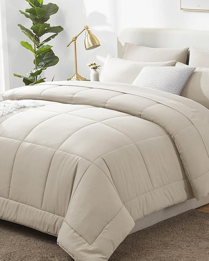 CozyLux Oversized Queen Comforter Sets Beige, 7 Pieces Bed in a Bag, Ultra-Soft All Season Bedding Sets with Stitch Quilted Comforter, Flat Sheet, Fitted Sheet, Pillowcases, Beige