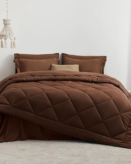 Love's cabin Queen Comforter Set Brown, 7 Pieces Queen Bed in a Bag, All Season Bedding Sets with 1 Comforter, 1 Flat Sheet, 1 Fitted Sheet, 2 Pillowcase and 2 Pillow Sham