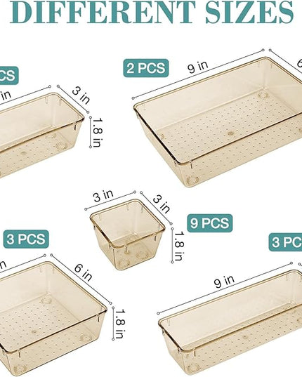 23 PCS Drawer Organizer Set, 5 Varied Size Bathroom and kitchen Drawer cabinet organizer Trays, Clear Storage Bins for Makeup, Jewelry, Utensils and Gadgets, Champagne
