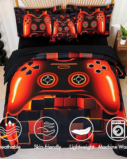 PERFEMET Full Bedding Sets for Boys 6 Pcs Orange Game Kids Bed in A Bag with Sheet Set Lightweight Soft 3D Cool Gaming Bed Set for Teens Bedroom(Orange, Full)