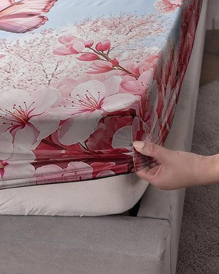 AILONEN Eiffel Tower Fitted Sheet Set for Kids,Girls,Pink Cherry Blossom Butterfly Theme Bedding Set Queen Size, Romantic Moments Bed Sheet Set,3-Piece 1 Sheet Set + 2 Pillowcases