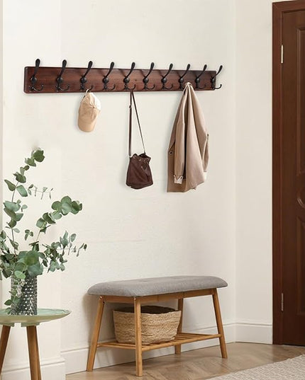 38.6'' Large Coat Rack Wall Mount Coat Hooks Coat Hanger with 10 Metal Black Triple- Hooks Brown Pine Real Wood Plank Hat Rack for Wall Hooks for Hanging Coat Hat Jacket