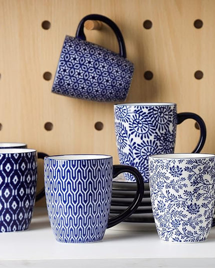 Selamica 16 oz Porcelain Coffee Mugs Set, Ceramic Tea Cup with Handle, dishwasher, oven, microwave safe, Pack of 6, Vintage Blue