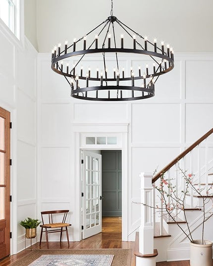 60-Inch Black Extra Large Wagon Wheel Chandelier, 2 Tier 54-Light Farmhouse Chandeliers Industrial Round High Ceiling Pendant Light for Dining Room, Living Room, Entryway, E12