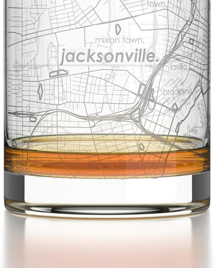 Well Told Engraved Jacksonville Florida Map Rocks Glass, Old Fashioned Glassware (11 oz, Clear) Etched Bourbon Tumbler, Gifts For Whiskey Lovers