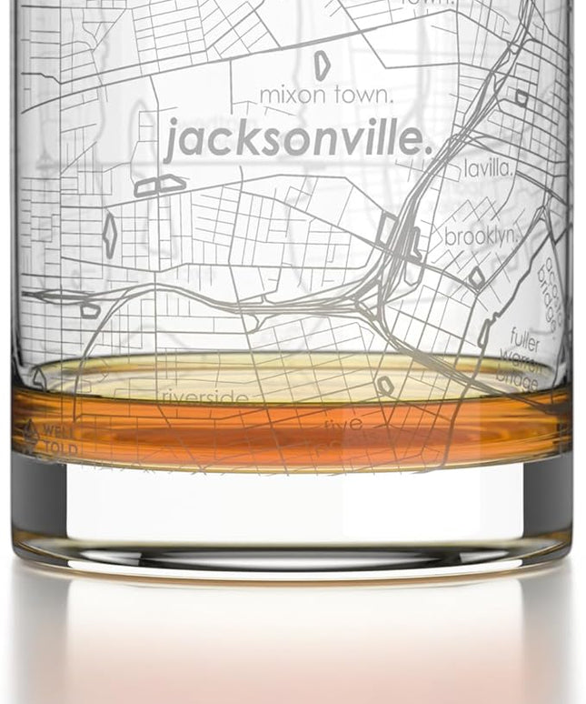Well Told Engraved Jacksonville Florida Map Rocks Glass, Old Fashioned Glassware (11 oz, Clear) Etched Bourbon Tumbler, Gifts For Whiskey Lovers